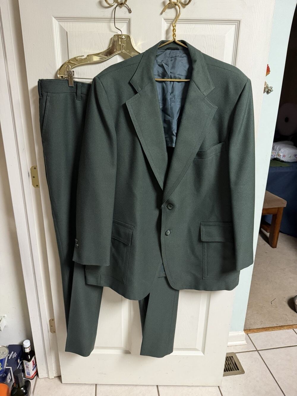 VTG 70s Dark Green 2PC Suit Sz Disco 48r 46x32 Jacket Pants Work READ Poly Wool